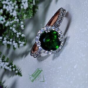 Round Cut Halo Emerald & White Baguette Diamond 14K Rose Gold on 925 Silver